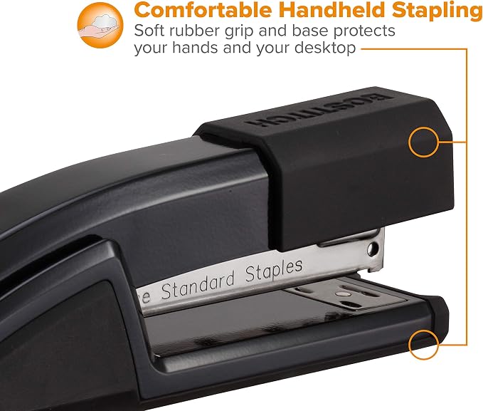 Bostitch Office Epic Metal Desk Stapler, 25 Sheet, Staple Remover, Black | Die-cast body opens 180 degrees for bulletin boards, with a temporary stapling option and a hidden slot for backup fasteners.