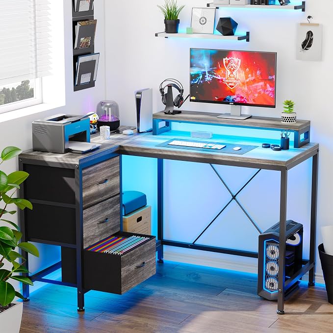 Garvee L-Shaped Computer Desk with Power Outlets & LED Lights - 43-Inch Reversible Corner Gaming Desk with 3 Drawers, Storage Shelves & Removable Monitor Stand, Modern Home Office Desk
