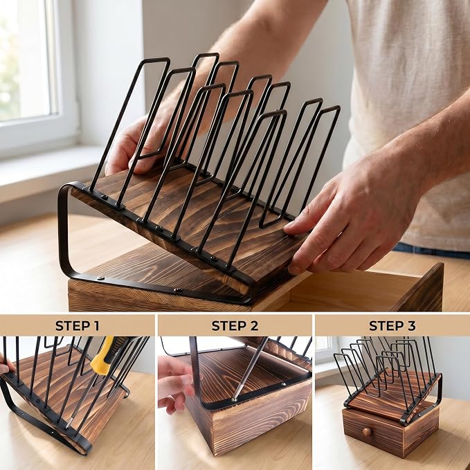 5-Section Wooden Inclined Desktop File Organizer with Storage Drawer | Metal Inclined Desk File Holder,Multifunctional Folder Organizer for Office Home School Classroom Workspace