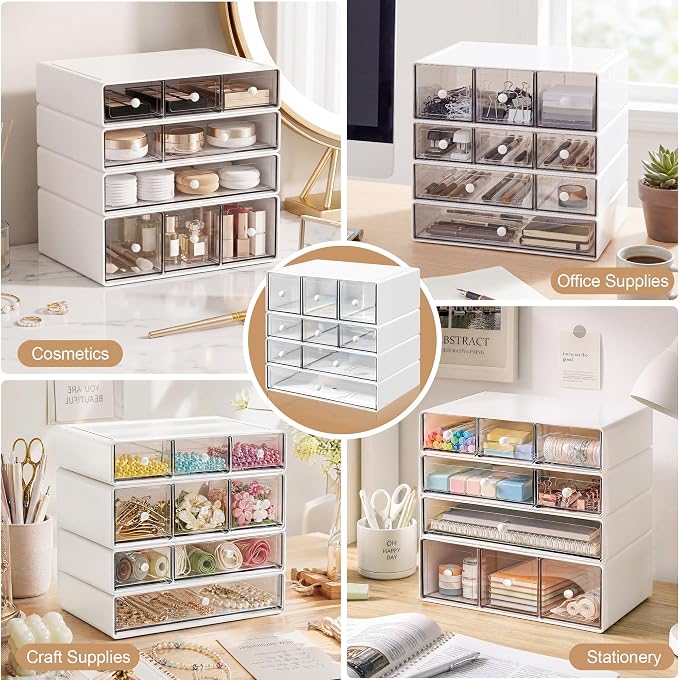 Desk Organizer with 9 Drawers, 4 Tiers Stackable Storage Drawers, Desktop Storage Box with Clear Drawers for Stationery, Makeup, Jewelry, Office and Craft Supplies (White)