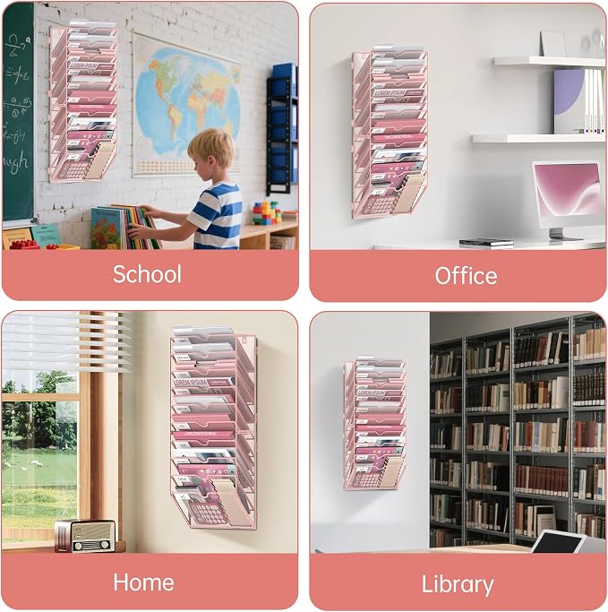 10-Tier Wall File Organizer and Hanging File Organizer, Pink | Wall Organizer and Wall Mounted File Holder with 10 Pockets and Label Panels for Files, Mail, Folders, Magazines and Paper