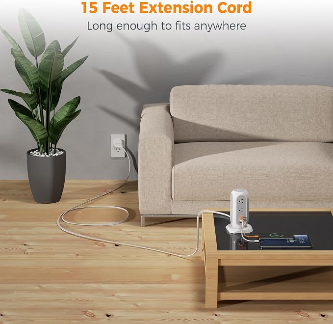 TESSAN Tower Power Strip Flat Plug with 1050J Surge Protection, 15 Ft, Grey | 11 Outlets 3 USB (1 USB C), Surge Protector Power Tower, Extension Cord with Multiple Outlets, Dorm, Office Desk Supplies