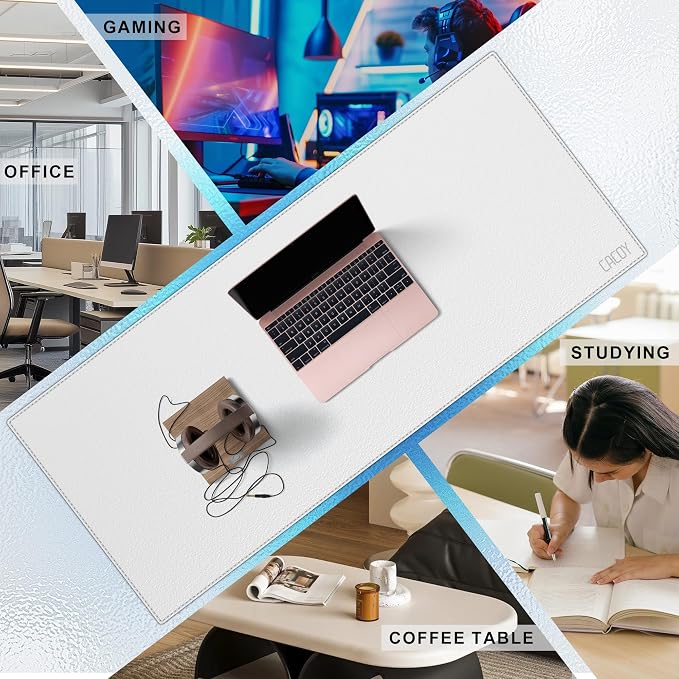 Cacoy Leather Desk Blotter Pad, 47.2" x 15.7" Oversized Mouse Pad XXL, Extended Computer Mouse Mat, Desk Writing Pad for Office, Home, Gaming (White)
