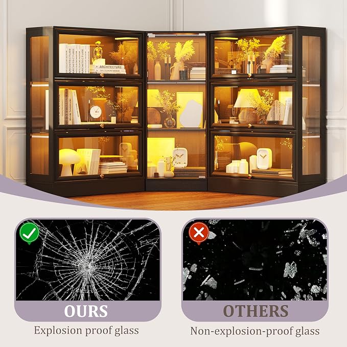 Corner Display Cabinet with Glass Doors, 3-Tier Curio Cabinets with RGB Lights, 42" Display Case with Wood Shelves for Collectibles, Black