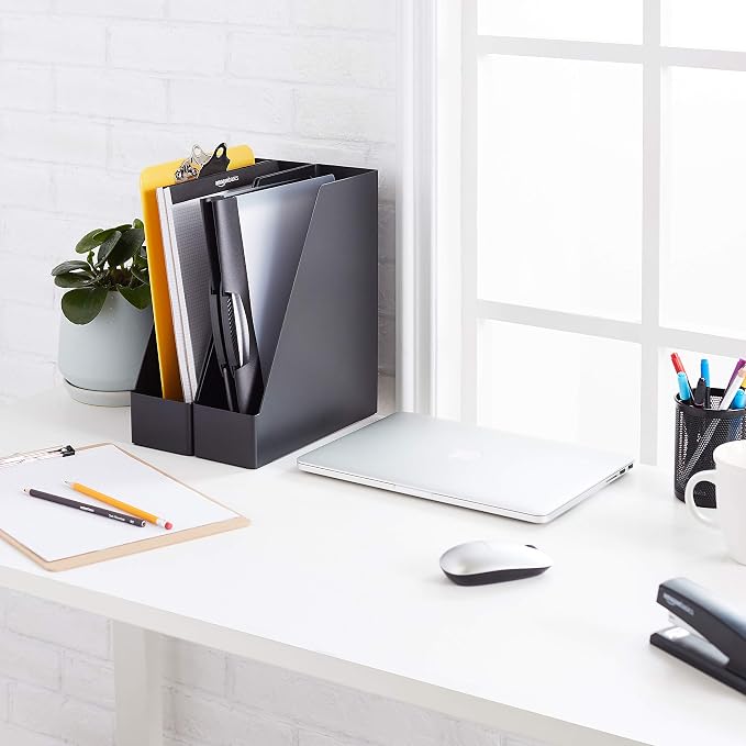Amazon Basics Plastic Desk Organizer Magazine Rack and File Holder, Black, 4-Pack