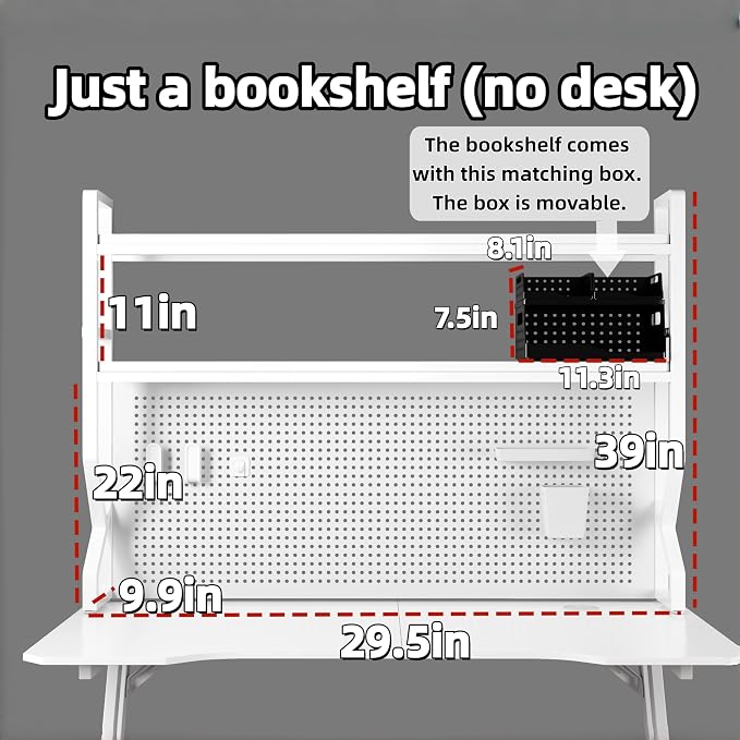 Desktop Bookshelf, Multi-Size pegboard Storage Organizer Rack, Dorm Desk Shelf, Desk Hutch, Desk top Storage Rack, Student Desktop Storage,Desk Shelves for top of des(White, 29.5" Lx9.9 Wx39 H)