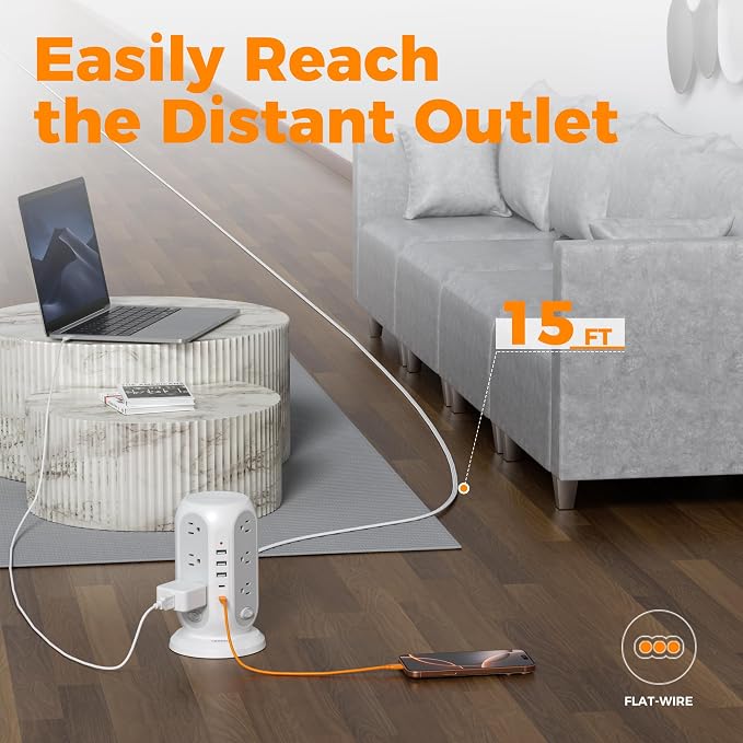 TESSAN Tower Power Strip Surge Protector, Flat Extension Cord 15 Ft, Grey | Individual Switches with 12 Outlets, 5 USB Ports(2 USB C), Flat Plug, Charging Station for Multiple Devices, Office, Dorm