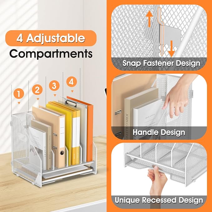 4 Vertical Mesh Desk Organizer with Paper Letter Tray, White | Sorting racks with lower letter tray section. Multipurpose mesh desktop space saver for home office and school