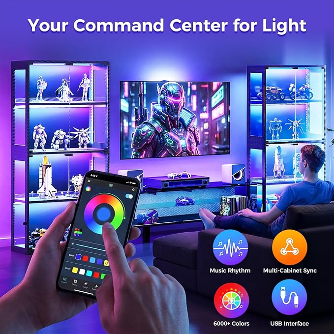 AODK Display Cabinet with RGB Lights, 4-Tier Display Case with Glass Doors | Glass Display Shelf for Collectibles and Storage, Black Curio Cabinet for Gaming Room, Living Room