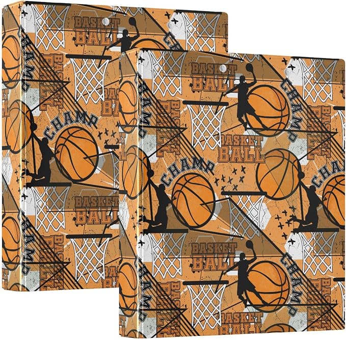 Orange and Black Basketball Sport Binder 1.5 Inch Binder with Clipboard&Pockets, Hardcover Binders 3 Ring, Heavy Duty Large File Folder for Home Office School Supplies-Holds 200 Sheets, 2 PC