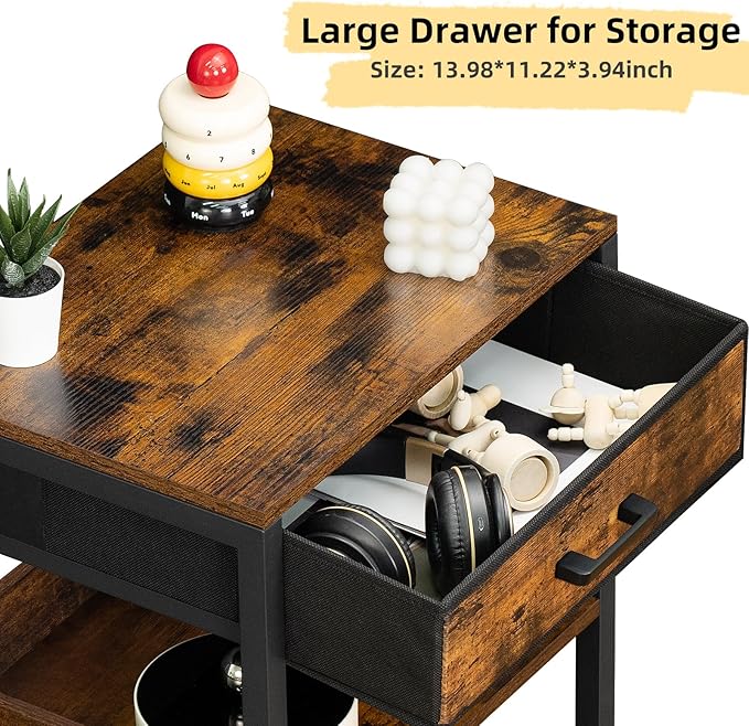 Lerliuo End Table with Fabric Drawer,3 Tier Industrial Wood Side Table with Storage,Modern Tall Printer Stand,Vintage Brown Nightstand,Rustic Bedside Tables for Living Room Bedroom Small Spaces | Three-tier printer stand with fabric drawer and two shel...