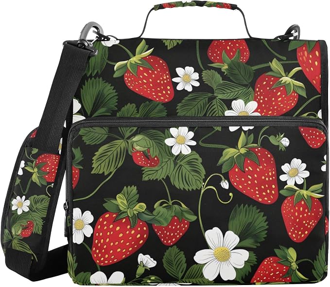 Strawberry Fruit Flower 3 Ring Zipper Binder Bag Binder Organizer with Handle Shoulder Strap for School Work Office Supplies