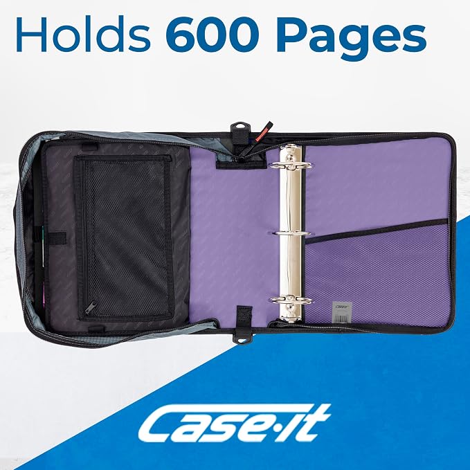Case-it School Zipper Binder | 3-Inch O-Rings | 600-Sheet | D-146 Lavender | Mighty Zip Tab, 5-Subject Expanding File Folder, Multiple Pockets, Storage Organizer, Shoulder Strap, Office