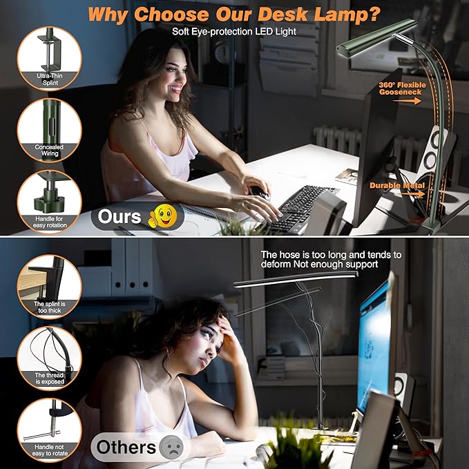 Airlonv LED Desk Lamp with Clamp, 17" Stepless Dimming Light, Green | 2700K-6500K, 100 LEDs, 360° Gooseneck, Fits Up to 30" Monitors, Flicker-Free Lighting for Home Office, Study& Workbench