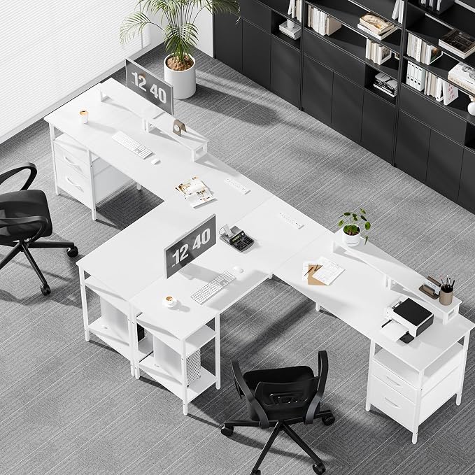 DUMOS L Shaped Gaming Desk with Charging Station & 2 Monitor Stands, Computer Desk with Drawer & Adjustable Storage Shelves, Large Corner Desk for Home Office, 62 Inch White