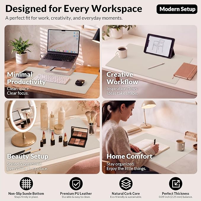 AFIING Desk Mat, Beige, 23.6" x 13.8", Desk Pad Protector | Dual-Sided Cork & PU Leather, Waterproof, Non-Slip for Mouse, Writing, Home Office, Study & Laptop