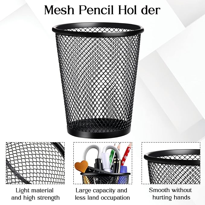 Leelosp 6 Pcs Pen Holder Mesh Pen Cup Bulk Metal Pencil Cup Holder for Desk Black Organizer Round Office Classroom for Back to School Students Kids Adult