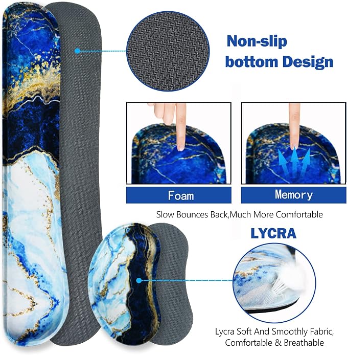 Large Gaming Mouse Pad, Keyboard Wrist Rest Pad & Wrist Support Mousepad Set, Stitched Edge, Extended, Non-Slip Base, Memory Foam,Multifunctional Desk Mat 4pcs for Office & Home, Blue Marble