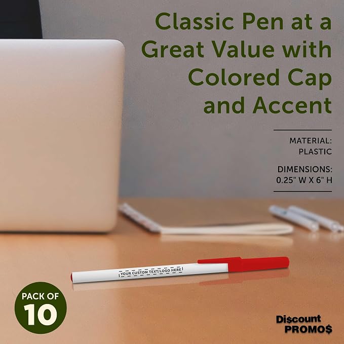DISCOUNT PROMOS Custom Value Stick Pens Set of 10, Personalized Bulk Pack - Blue Ink, Great for Office, School, Business, Tradeshows, Events - Red Cap