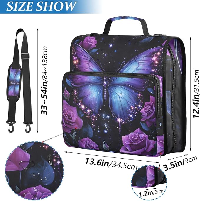 MNSRUU 3 Ring Binder Bag, 2 Inch D-Rings Easily Organizes 1 Inch Fits Letter Sized Paper, Butterfly Rose Large 3 Hole Zipper Binder Organizer for School Office Supplies