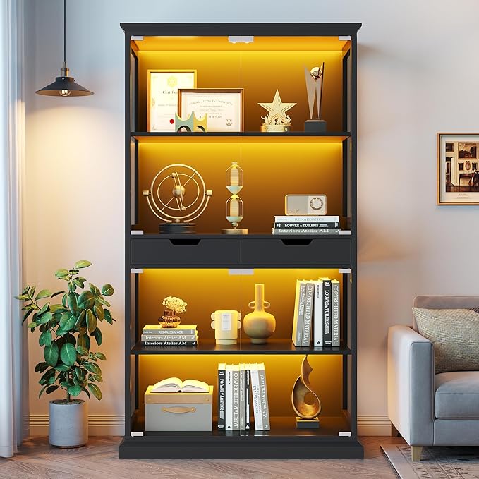 Jocoevol Display Cabinet with Glass Doors, 4-Tier Curio Cabinet with with 2 Drawers for Collectibles, Modern Glass Display Case Human Body Sensor & RGB Lights for Living/Game Room