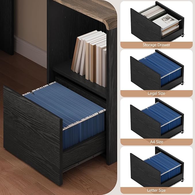 59'' Reversible L-Shaped Computer Desk, Black | Corner Desk w/ Fluted Storage, Sliding Doors, Drawers & 4AC+USB-C. Reversible Fits Any Room Layout For Home Office
