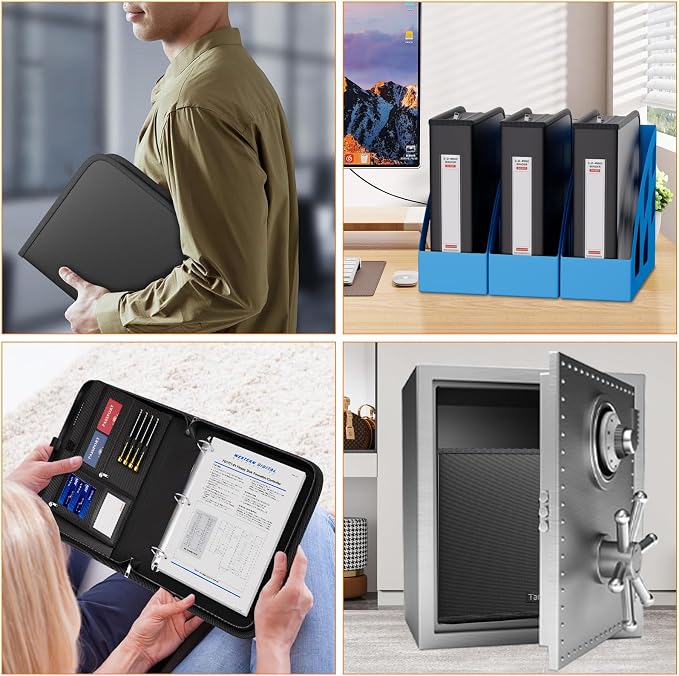 Tamfile Fireproof 3 Ring Binder with Zipper, 1.5 Inch D Ring Binder, Black | Hold Up 375 Sheets of 8.5"x11" A4 Paper, Portable Safe Storage with Large Pockets, Important File Storage for A4 Files