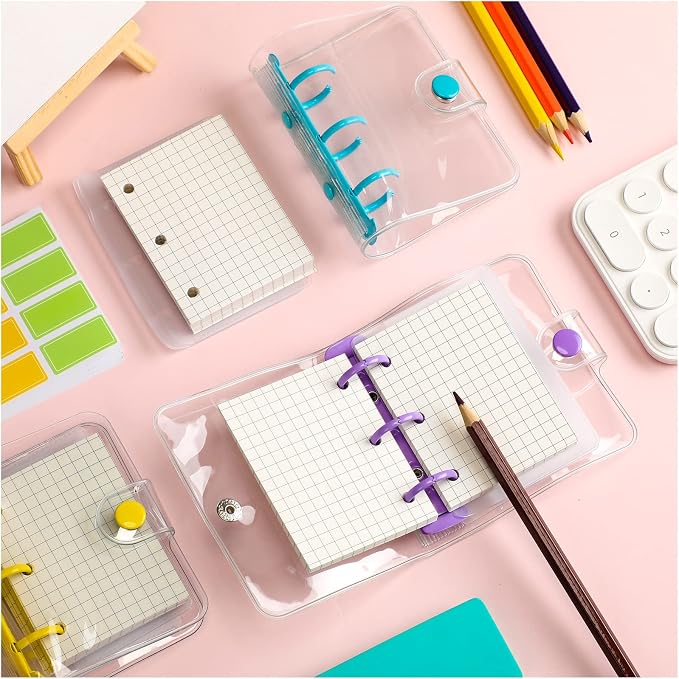 Yahenda 10 Sets Mini Transparent 3 Ring Binder Covers with Inner Papers Storage Bags Label Sticker Clear Soft PVC Loose Leaf Notebook Cover Protector Pockets (Clear)