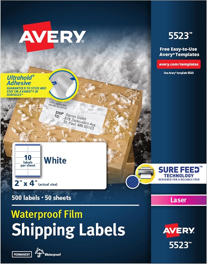 Avery® Waterproof Labels with UltraHold® Permanent Adhesive, 2" x 4", 500 Labels for Laser Printers (5523)