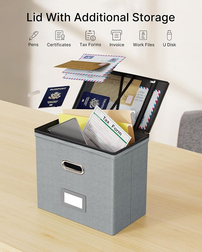 Oterri File Box Small 1-Pack Mesh Pockets Hanging Organizer for Letter-Size | Dustproof Lid. 3 Mesh Pockets. Collapsible Scratch-Resistant GRS Linen. Slide Rails. Office, Home, Dorm