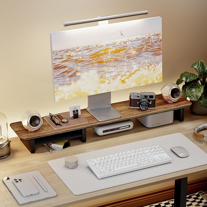 46" Dual Monitor Riser, Metal Shelf Wooden Desk Organizer | Walnut Wooden Desk Shelf for 2 Monitors/TV,Monitor Stand Riser for Desk, Wood Monitor Stand Organizer for Home Office
