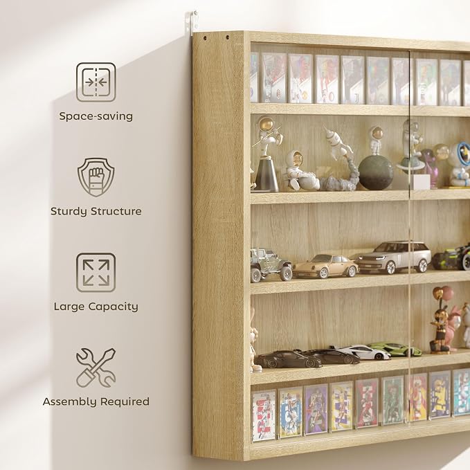 HOMCOM 5-Tier Wall Mounted Display Cabinet Glass Doors 60x80cm Oak | Display Case, 4 Adjustable Shelves, for Home Office Ornaments