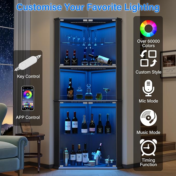 kepptory 72" Corner Curio Cabinet with RGB LED Lights, 6-Tier Glass Display Cabinet with Adjustable Shelves, Lighted Corner Showcase for Collectibles, China, Glassware, Living Room Home Bar