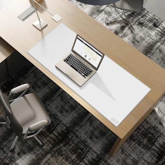 Cacoy 40" x 16" Oversized PU Leather Desk Mat, Extended Gaming Mouse Pad Writing Mat, Leather Desk Pad Blotters Protector for Office, Home, Computer, Laptop - White