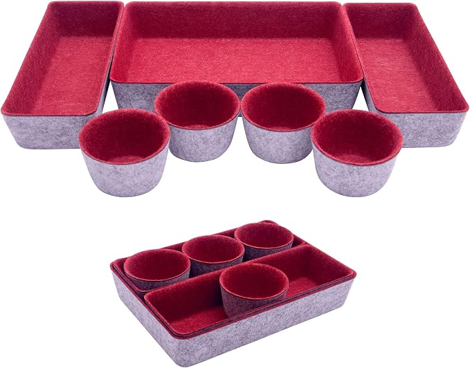 Teeo - Desk Tray Organizer - Makeup Organizer Drawers Storage - Home Office Cosmetic Bins Dividers Box Closet Compartment - Pack of 7, Burgundy