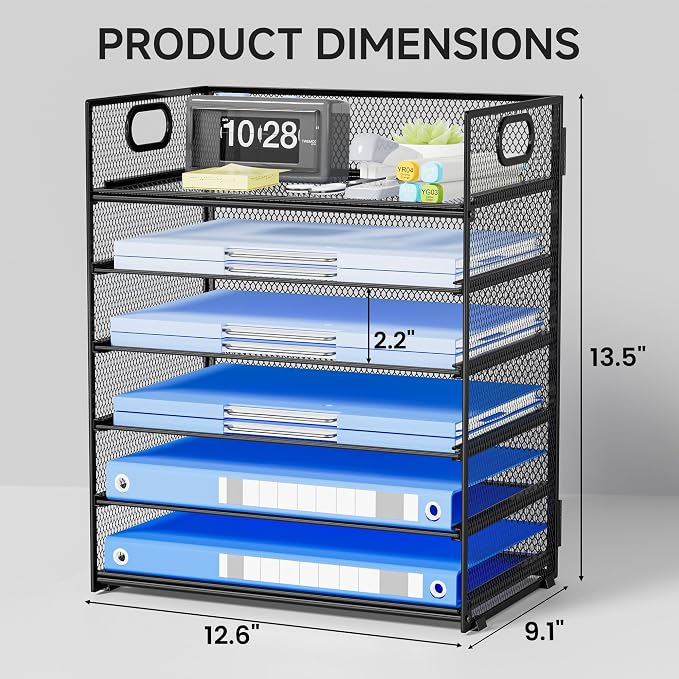 6-Tier Paper Organizer for Desk with Handle | Heavy Duty Metal File Organizer, Stackable Desktop Organizer for Office Supplies, Documents and Stationery Storage