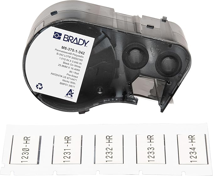 Brady Authentic (M5-375-1-342) PermaSleeve® Heat-Shrink Labels Polyolefin 0.645" H x 1" W Black on White 0.375" Dia, Cartridge of 80 Labels. for use with the BMP51 and M511 Label Printers