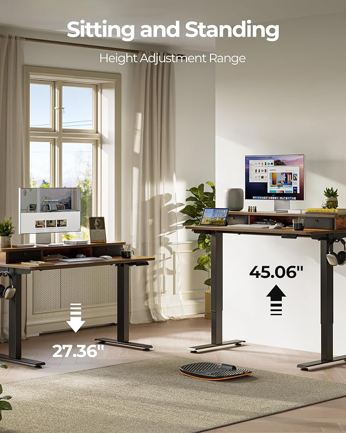 48x24 Inch Electric Standing Desk with Double Drawers, Adjustable Feet & Hooks, Ergonomic Home Office Workstation, Brown