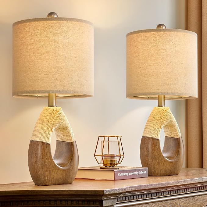 Boho Table Lamps Bedroom Living Room Set 2,Suitable for Small Space,Farmhouse RattanTable Lamp 19”Rustic Egg Design Resin Light Decoration,Nightstand Bedside Lamps for Office Study Rest