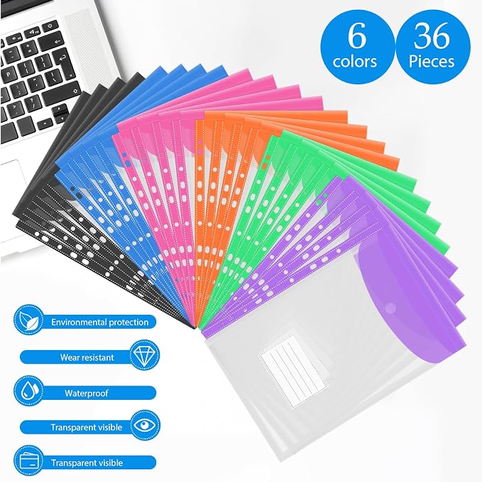 36 Pack Binder Folders with Pockets 11 Holes Expandable Dividers for 2/3/4 Ring Document Pouch with Label Loose-Leaf Transparent Binder Organizer for School Home Office