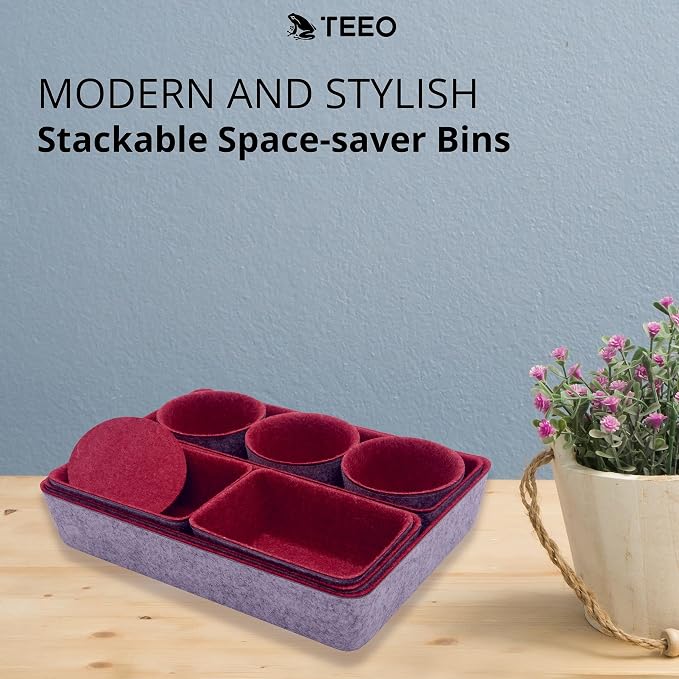 Teeo - Drawer Organizers - Office Supply Organizer - Desktop Drawers - Organizing Containers - Jewelry Tray Makeup Storage Home Dividers Compartment Desk Caddy Cosmetic Bins - Pack of 9, Burgundy