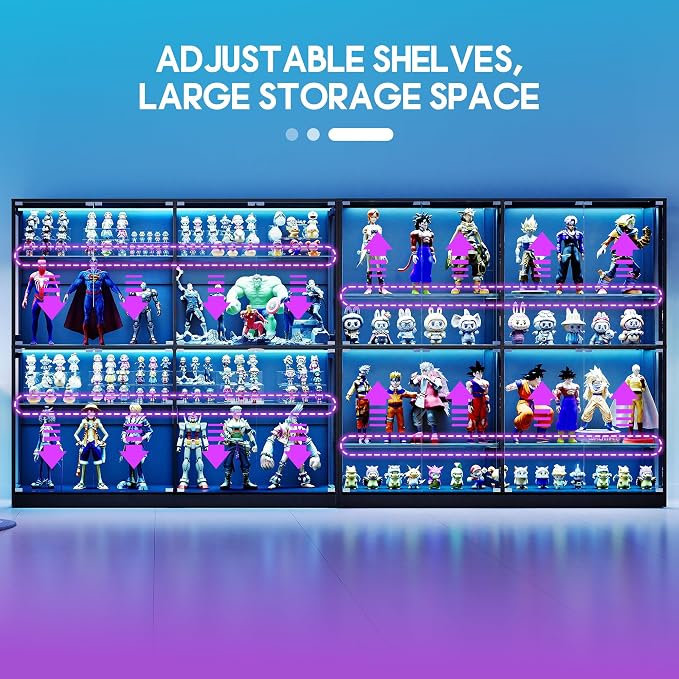 AMERLIFE 75-Inch RGB Display Cabinet with Glass Shelves | 70 H x 75 W x 16 D In, 4-Tier Storage, RGB LED Lights, Press-to-Open Doors, for Collectibles, Black