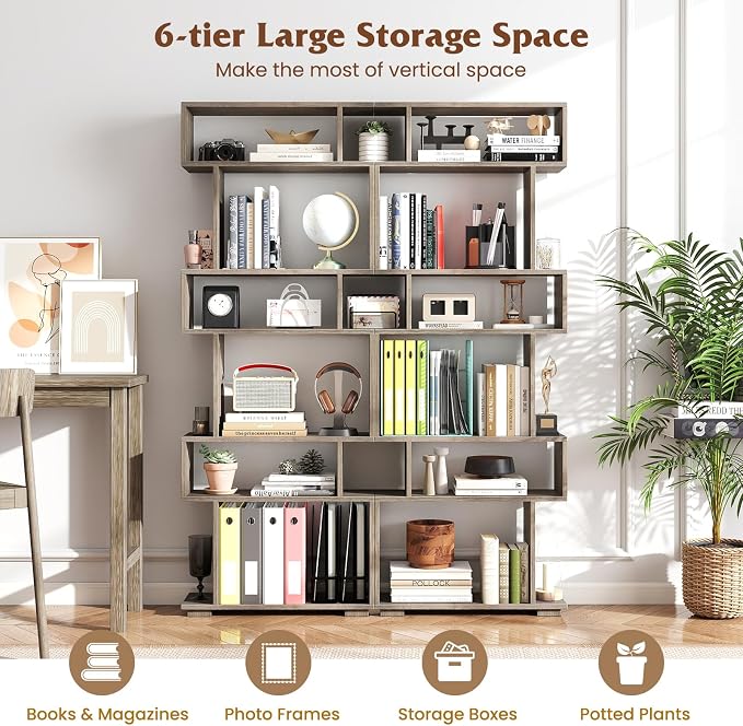 Tangkula 6-Tier S-Shaped Bookshelf, 64" Freestanding Geometric Bookcase, Home Office Wood Storage Shelf with Anti-Toppling Device, Room Divider Display Rack for Study Living Room (2, Grey Oak)