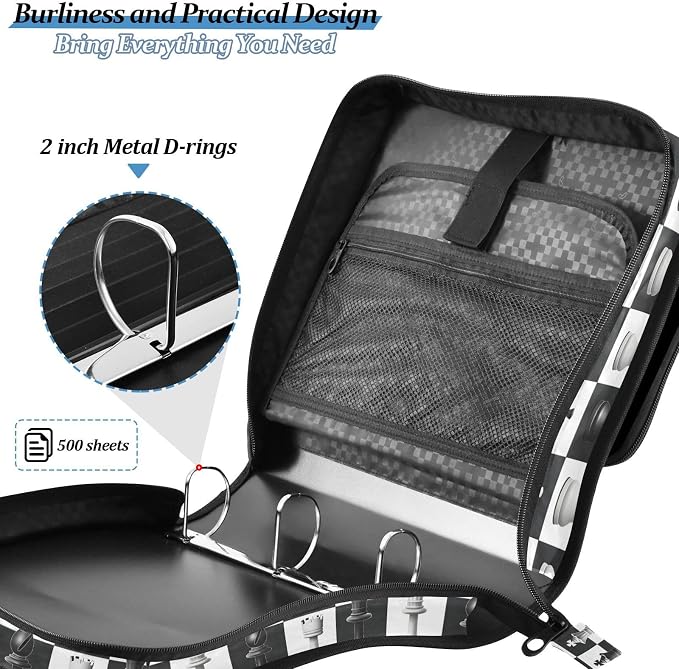 Chess Checkered Plaid 3 Ring Binder Bag 1.5 inch Binder Organizer with Zipper Shoulder Strap 500 Sheet Documents Storage for School Office