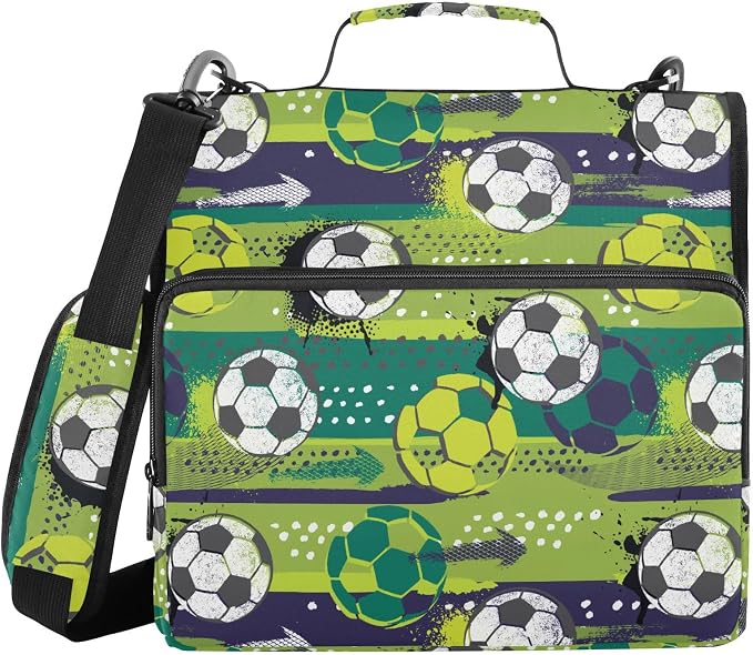 Ball Soccer Green Print Zipper Binder Bag 3 Ring with Shoulder Strap & Handle Multi Pocket Binder Organizer Bag Large Capacity for School Office Supplies