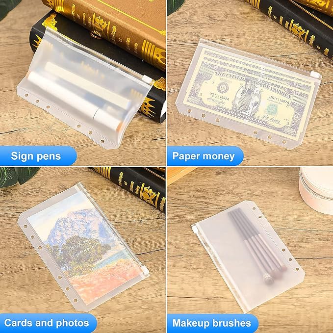 30pcs Yellow Binder Pockets 6 Holes Zipper Folders PVC Card Loose Leaf Bags Cash Envelopes for Budgeting Binder