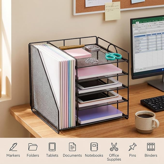 Desk Organizer, 5-Tier Paper Organizer Letter Tray, Black | Desk Organizers and Accessories, Office Desk Accessories & Workspace Organizers, Desktop File Organizer for Office Supplies