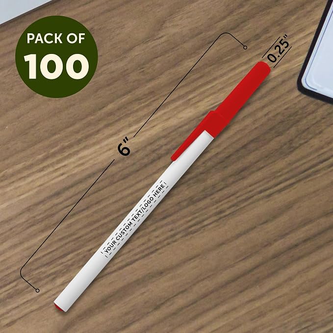 DISCOUNT PROMOS Custom Value Stick Pens Set of 100, Personalized Bulk Pack - Blue Ink, Great for Office, School, Business, Tradeshows, Events - Red Cap