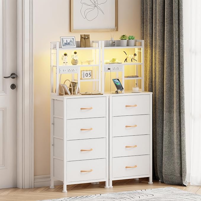 Tall Night Stand, 52.1" LED White Nightstand with Charging Station | LED Lights & USB Ports & type-C, 4 PVC Fabric Drawers and 4-Tier Storage Shelf, Bedside Table for Bedroom, Dorm