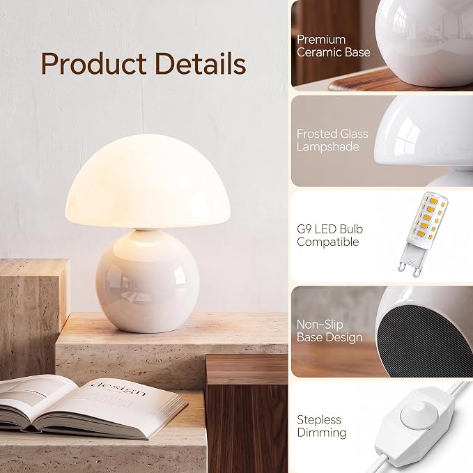 Mushroom Lamp Table Lamp for Bedroom-Small Desk Table Lamps,White | 8.7" Mid Century Modern Table Lamps for Living Room Bedroom Decor,Cute Ceramic Lamps for Mushroom Home Room Decor,Glass Shade